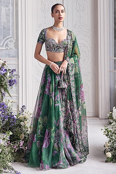 Forest Green Silk Organza Floral Printed Lehenga Set by Mahima Mahajan