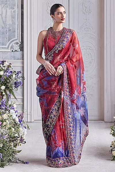 Royal Red Silk Organza Printed & Embroidered Pre-Draped Saree Set by Mahima Mahajan