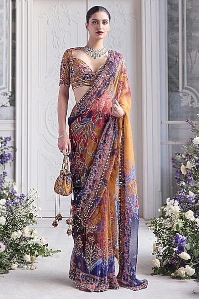 Amber Yellow Silk Organza Printed Pre-Draped Saree Set by Mahima Mahajan
