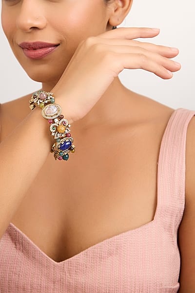 Gold Finish Multi-Colored Stone Bangle by Moh-Maya by Disha Khatri