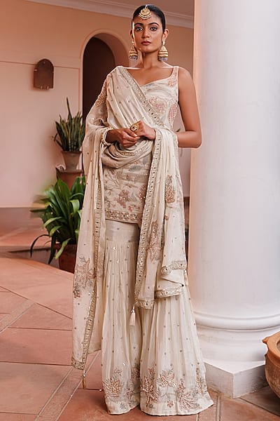 Golden Royal Chinon Floral Embroidered Sharara Set by MeenaGurnam