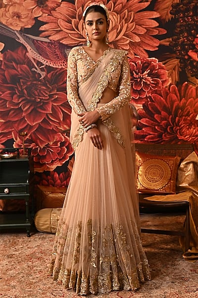 Blush Pink Zari Brocade Embroidered Pre-Draped Saree Set by MOLEDRO