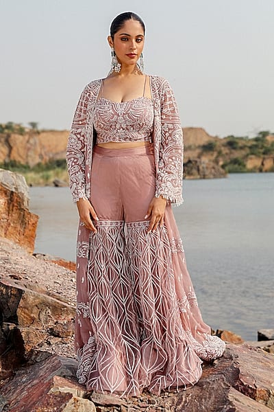 Mauve Net Hand Embroidered Gharara Set by Label Moni K
