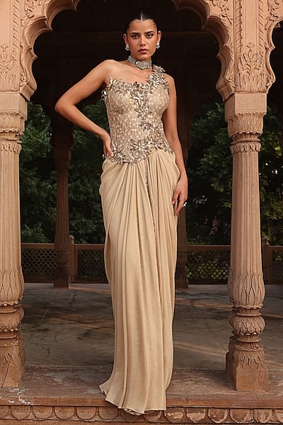 Golden Metallic Georgette Draped Skirt Saree Set by Label Moni K