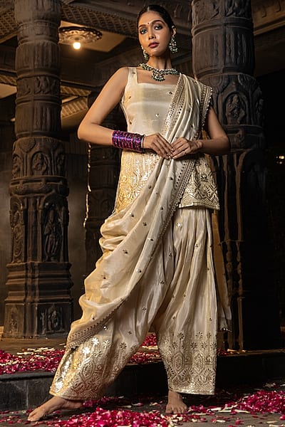Gold Banarasi Silk Tissue Blend Embroidered Kurta Set by Monk & Mei