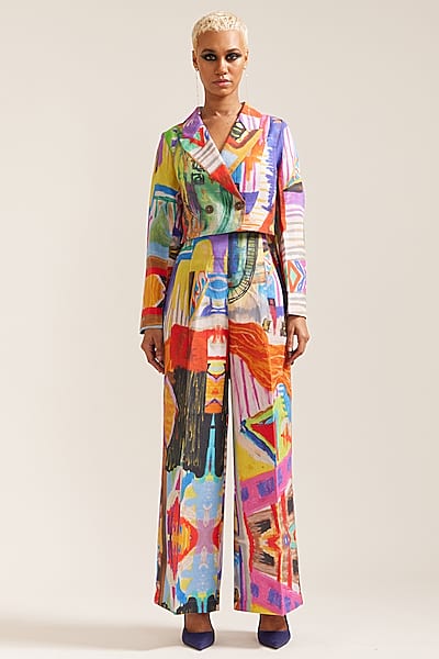 Multi-Colored Linen Printed Crop Jacket Set by Mini Sondhi