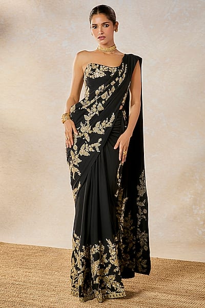 Black Moss Crepe Zardosi Work Pre-Stitched Saree Set by Masaba