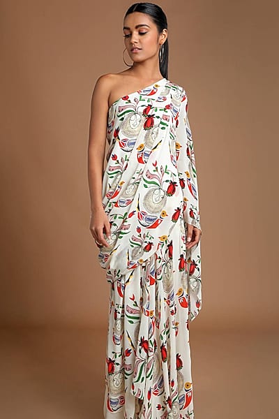 Ivory Printed Draped Top With Skirt by Masaba