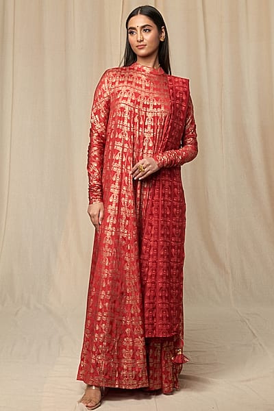 Scarlet Chiffon Gold Tree Trunk Anarkali Set by Masaba