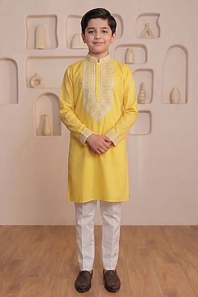 Yellow Cotton Resham Embroidered Kurta Set For Boys by Prateek Munjal Kids