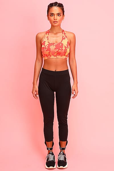 Yellow & Coral Printed Sports Bra by Myriad