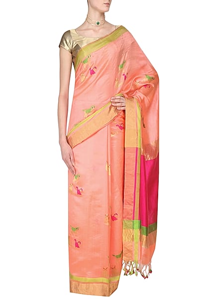 Pink Cute Cat Motifs Chanderi Saree by Madhurya