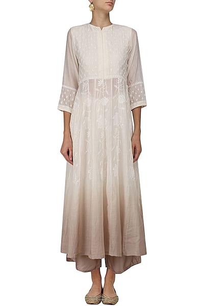 White Shaded Chikankari Kurta and Palazzo Pants Set by Myra by Anju Narain