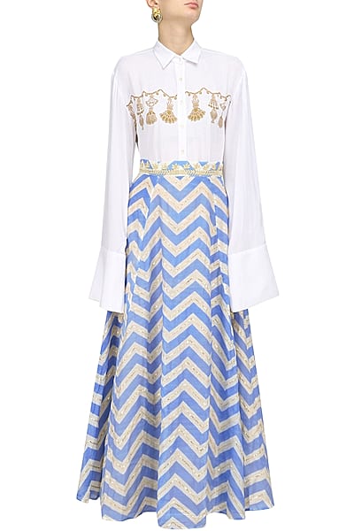White Tassel Hanging Shirt with Blue Printed Skirt by Natasha J