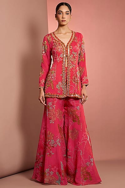 Pink Viscose Organza Floral Printed Sharara Set by Neha Khullar