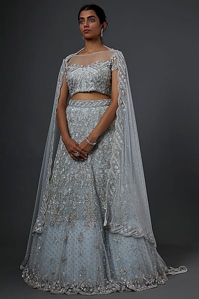 Sky Blue Sequins Embroidered Lehenga Set by Natasha Dalal