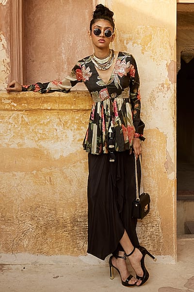 Black Crepe Pre-Draped Skirt Set by Paulmi & Harsh