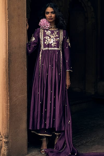 Plum Modal Silk Hand Embroidered Anarkali Set by Paulmi & Harsh