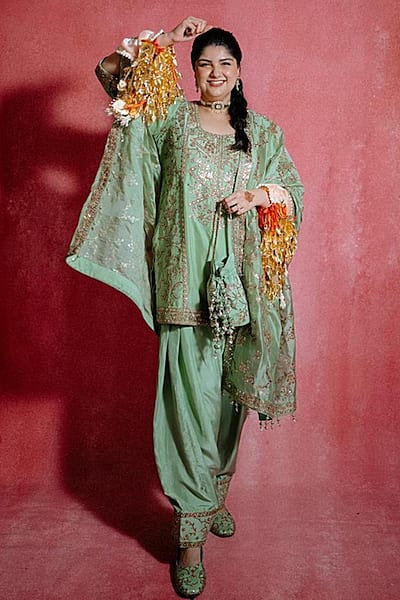Sage Green Silk Chandi Tilla Embroidered Kurta Set by Punit Balana