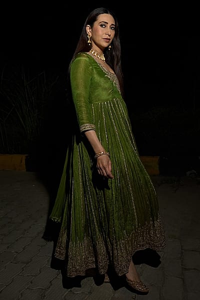 Green Banarasi Tissue Marodi Embroidered Anarkali Set by Punit Balana