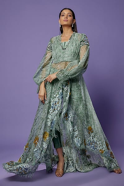 Green Chanderi Embroidered & Printed Tunic Set by Poonam Dubey Designs