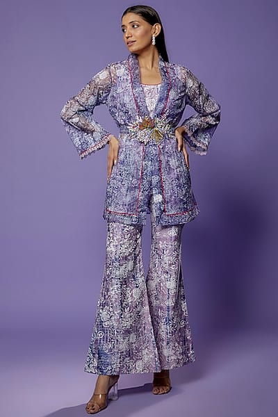 Lilac Chanderi Embroidered & Printed Blazer Set by Poonam Dubey Designs