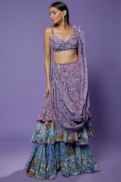 Multi-Colored Chanderi Tie-Dye Printed & Hand Embroidered Draped Saree Set by Poonam Dubey Designs