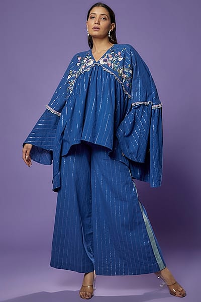 Blue Khadi Embroidered Tunic Set by Poonam Dubey Designs