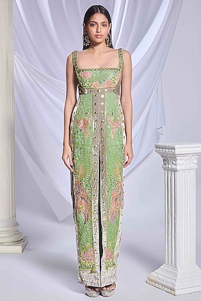 Green & Grey Velvet Hand Embroidered Paneled Gown by Papa Don't Preach by Shubhika