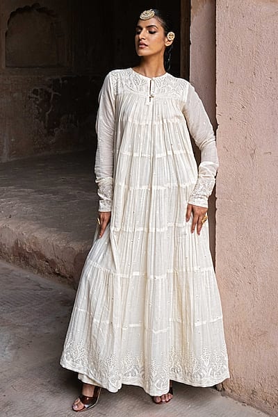 Off-White Cotton Shimmer Mulmul Eight Layered Anarkali Set by PREEVIN
