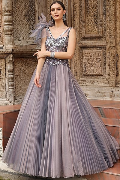 Purple Organza Feather Embroidered Pleated Gown by PRESTO COUTURE