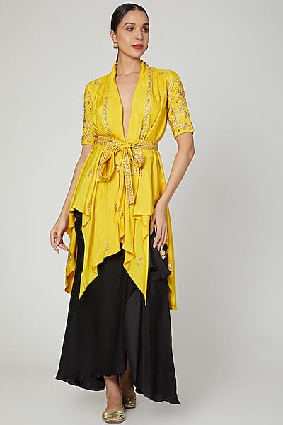 Mustard Embroidered Jacket Set by Prathyusha Garimella