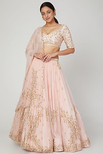 Peach Embroidered Lehenga Set by Prathyusha Garimella