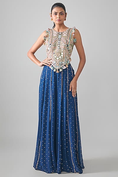 Navy Blue Mukaish Georgette Embroidered Sharara Set by Payal Singhal