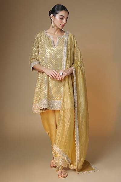Champagne Gold Viscose Georgette Cutdana Embroidered Choga Kurta Set by Renee Label