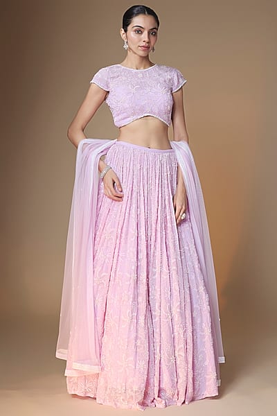 Lilac Viscose Georgette Glass Bead & Sequins Embroidered Lehenga Set by Renee Label