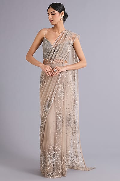 Nude Tulle Sequins Embellished Gown Saree Set by Rohit Gandhi & Rahul Khanna