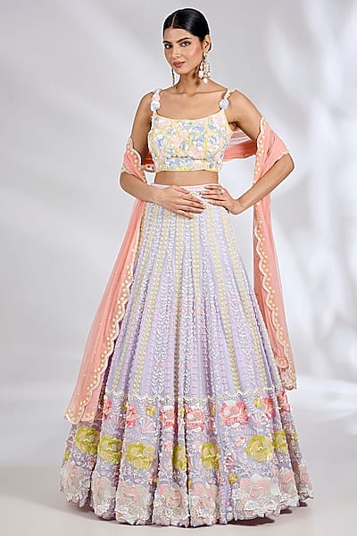 Lilac Metallic Georgette Hand Embroidered Lehenga Set by Rianta's