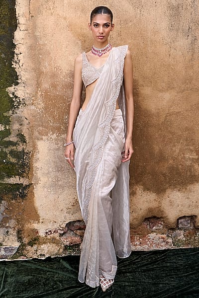 Gold Organza Foil Tissue Scalloped Embellished Draped Saree Set by Ridhima Bhasin