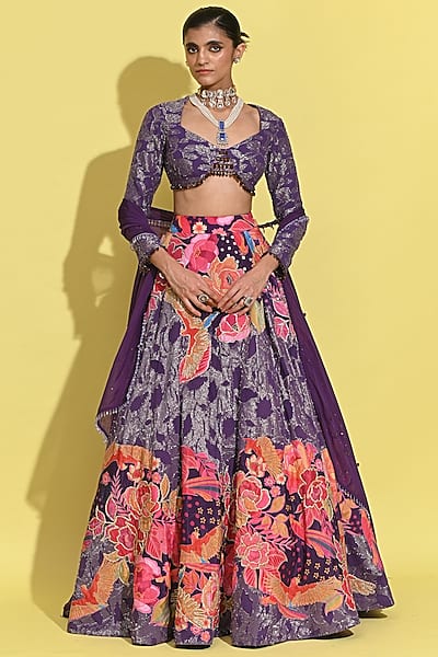 Purple Georgette & Organza Lehenga Set by Rishi & Vibhuti
