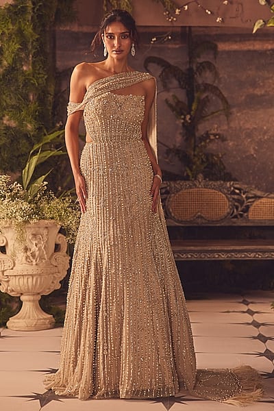 Gold Net Pearl Hand Embroidered One-Shoulder Draped Mermaid Gown by ROQA | Siddharth Khurana & Kartik Khurana