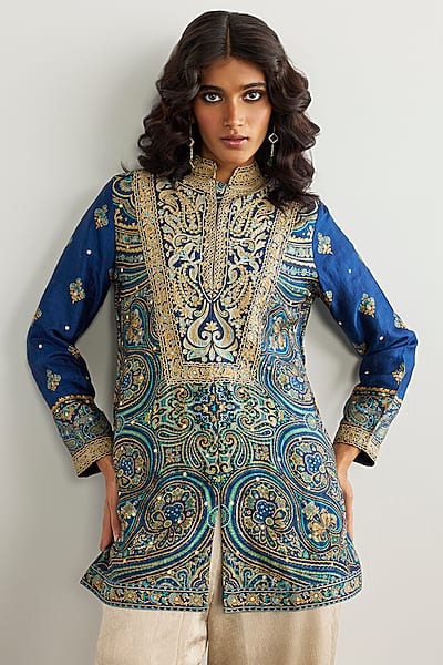 Blue & Beige Murshidabad Silk Brocade Jamawar Kurta by Ri Ritu Kumar