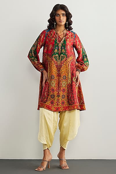 Red & Multi-Colored Murshidabad Silk Kurta by Ri Ritu Kumar