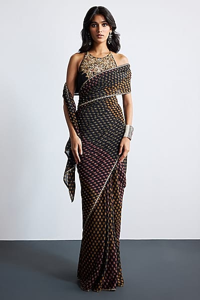 Black & Multi-Colored Viscose Chinon Saree Set by Ri Ritu Kumar