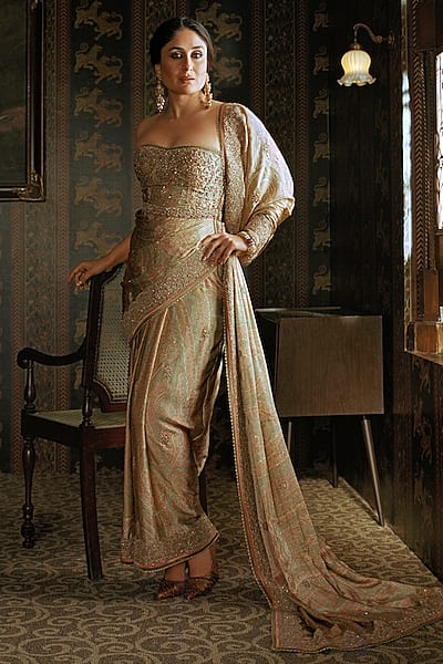Beige Gold Silk Satin Off-Shoulder Gown by Ri Ritu Kumar