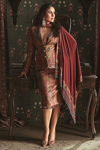Red Silk Satin Skirt Set by Ri Ritu Kumar