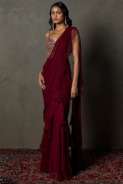 Wine Viscose Chinon Embroidered Saree Set by Ri Ritu Kumar