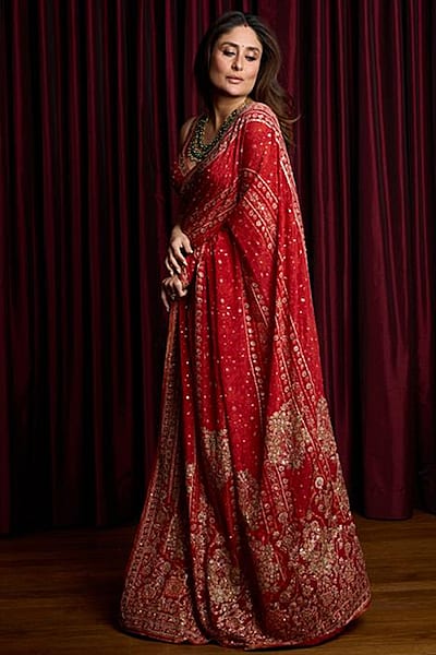 Red Silk Embroidered & Printed Saree Set by Ri Ritu Kumar