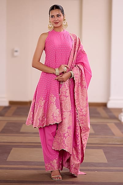 Fuchsia Pink Vegan Silk Floral Embellished Anarkali Set by Safaa