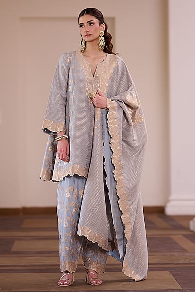 Cloudy Grey Vegan Silk Printed & Embellished Kurta Set by Safaa